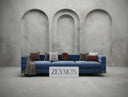 Orion royal blue velvet sofa with gold legs and scatter cushions – modern UK living room design