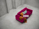 Pink sofa with colorful cushions in a minimalistic room, featuring the brand 'Zeymon'.